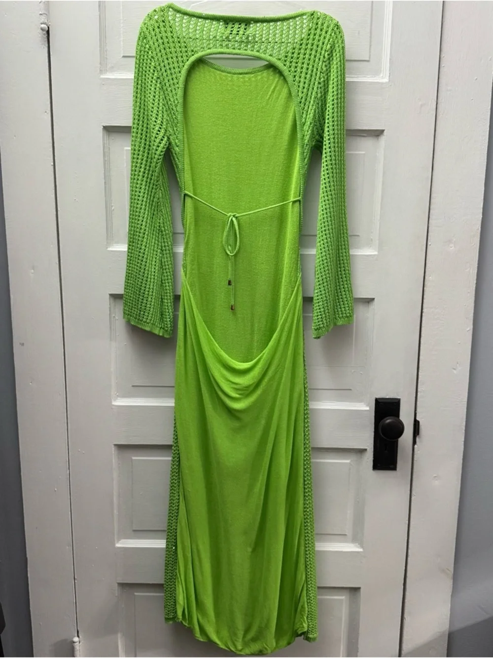 Runaway Lime Green Knit Maxi Dress Open Back Y2K Festival - Picture 4 of 9